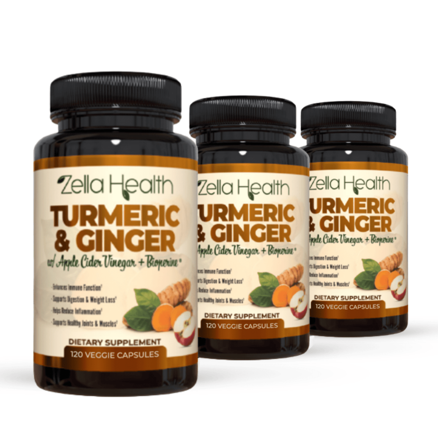 
                  
                    6 Month Supply Turmeric Curcumin with Ginger, Apple Cider Vinegar, Bioperine - 3 Bottles - 120 Veggie Capsules - Zella Health
                  
                