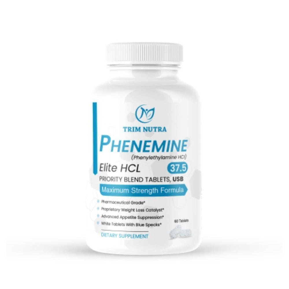 White bottle of Trim Nutra's Phe nemine Elite HCL 37.5 dietary supplement with 60 tablets. The label includes claims of pharmaceutical grade, proprietary weight loss catalyst, advanced appetite suppression, and features a maximum strength formula. The design is primarily white with blue accents, and the Trim Nutra logo is prominently displayed at the top.