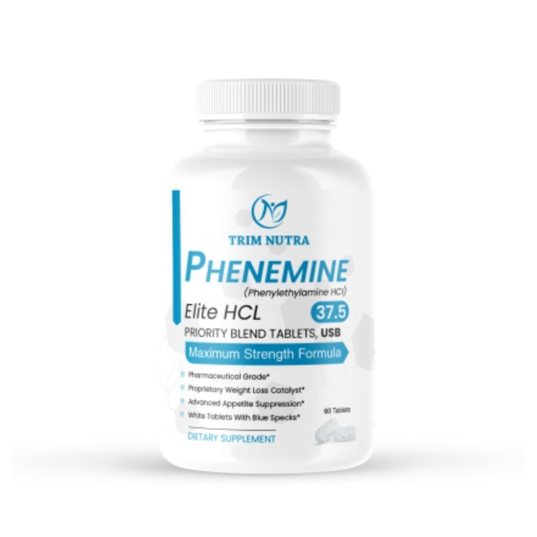 
                  
                    White bottle of Trim Nutra's Phe nemine Elite HCL 37.5 dietary supplement with 60 tablets. The label includes claims of pharmaceutical grade, proprietary weight loss catalyst, advanced appetite suppression, and features a maximum strength formula. The design is primarily white with blue accents, and the Trim Nutra logo is prominently displayed at the top.
                  
                