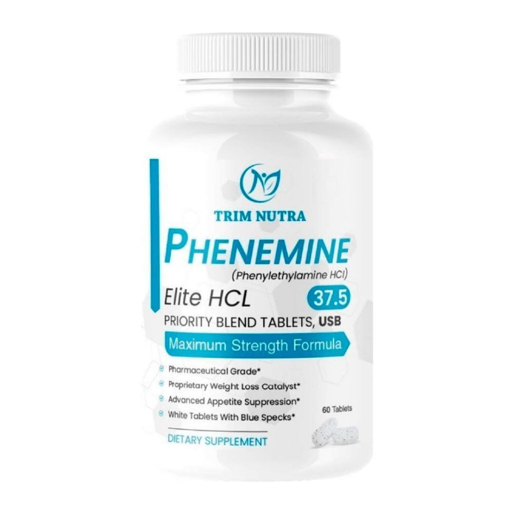 WhitebottleofTrimNutra'sPhenemineEliteHCL37.5dietarysupplementwith60tablets.Thelabelincludesclaimsofpharmaceuticalgrade,proprietaryweightlosscatalyst,advancedappetitesuppression,andfeaturesamaximumstrengthformula.Thedesignisprimarilywhitewithblueaccents,andtheTrimNutralogoisprominentlydisplayedatthetop.