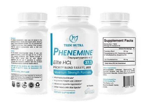 
                  
                    Image showing three different views of a bottle of Phen emine Elite HCL (37.5 mg) from Trim Nutra. The center view displays the front label, which includes the product name, dosage, and claims such as 'Maximum Strength Formula,' 'Pharmaceutical Grade,' and 'Advanced Appetite Suppression.' The left view shows the side of the bottle with cautionary information and usage directions. The right view displays the supplement facts, including serving size and ingredients list.
                  
                