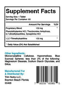 
                  
                    Close-up image of the supplement facts label for Phen emine Elite. The label lists a serving size of 1 tablet and 60 servings per container. The proprietary blend includes 150 mg of Phenylethylamine HCL, Theobromine Anhydrous, 3,7-dimethylxanthine, and Synephrine HCL. Additionally, it contains 150 mg of 1,3,7-Trimethylxanthine. The label also includes a list of other ingredients: Microcrystalline Cellulose, Hypromellose, Blue Sucrose Spheres, Magnesium Stearate, Sodium Starch Glycolate, and Silica.
                  
                