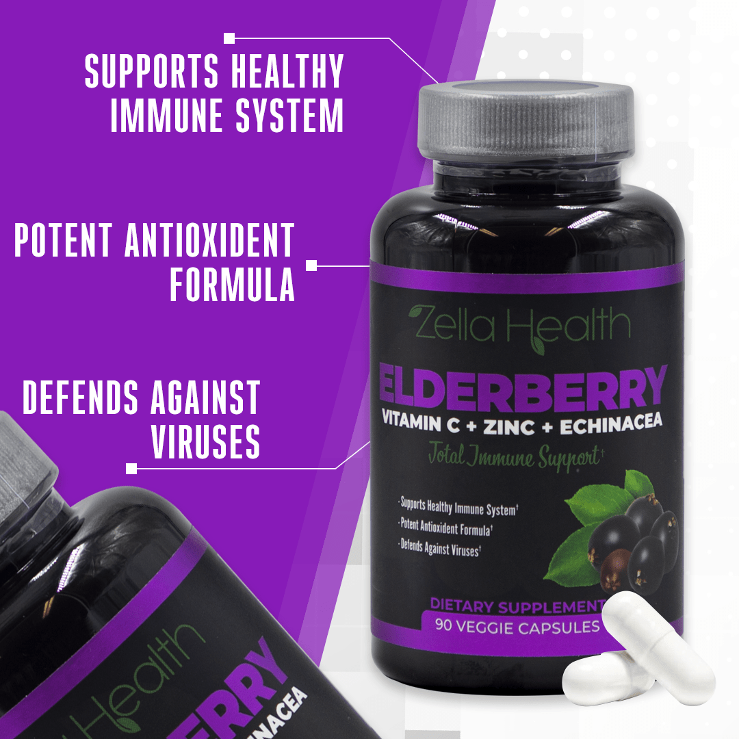 
                  
                    Elderberry - with Zinc, Vitamin C, and Echinacea - Supplement - Daily Immune Support - Three Month Supply 270 Veggie Capsules - Zella Health
                  
                