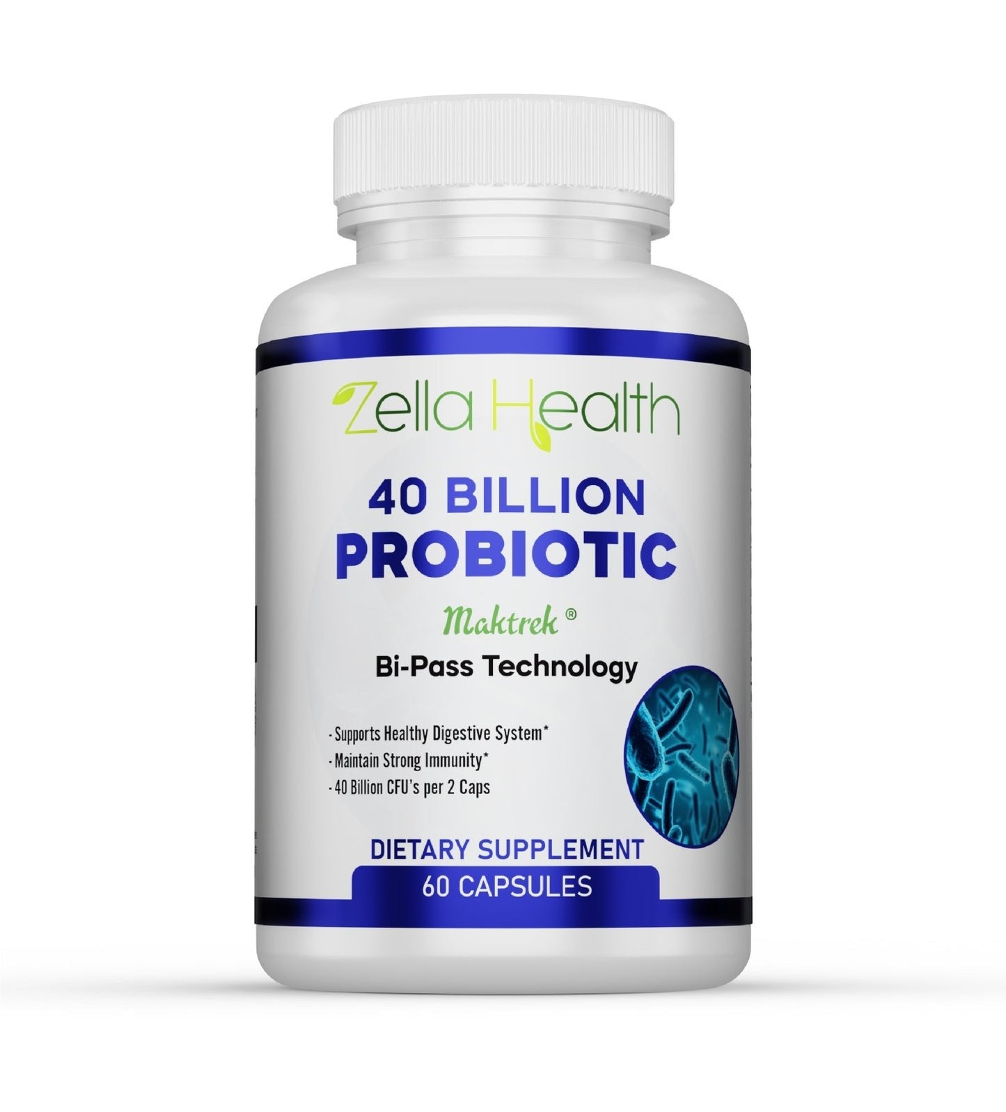 
                  
                    Probiotic 40 Billion CFU's w/ Maktrek Supports Healthy Digestion 4 Month Supply 240 Capsules Zella Health
                  
                