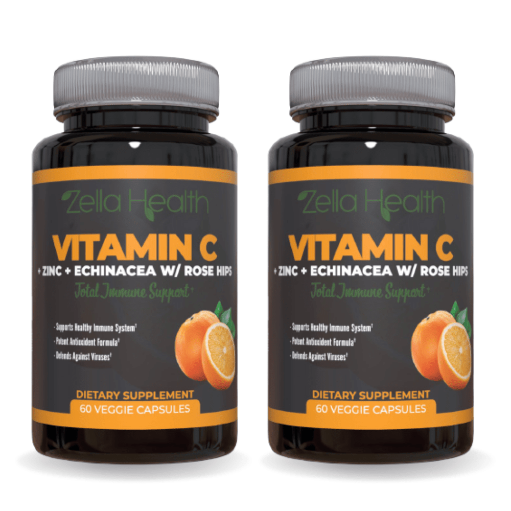 Vitamin C 1000mg + Zinc + Echinacea + Rose Hips - Total Immune Support - Supplement -  120 Veggie Capsules - Zella Health, 2 Bottles
