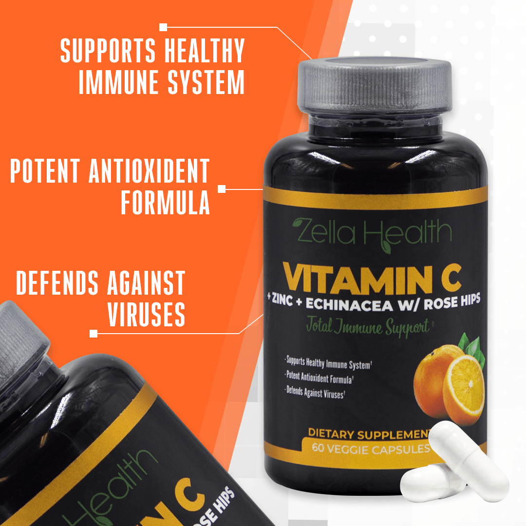 
                  
                    Vitamin C 1000mg + Zinc + Echinacea + Rose Hips - Total Immune Support - Supplement -  3 Month Supply 180 Veggie Capsules - Zella Health
                  
                