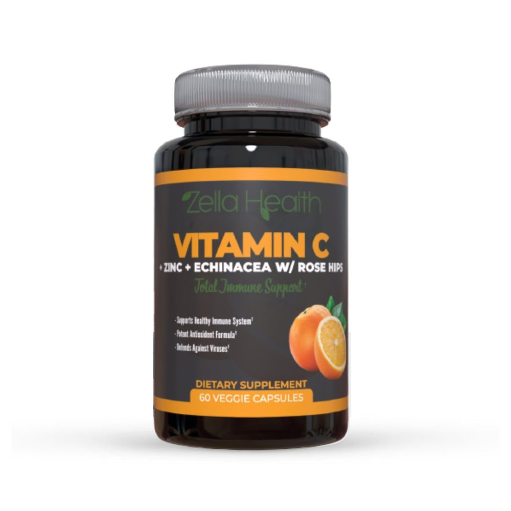 Vitamin C 1000mg + Zinc + Echinacea + Rose Hips - Total Immune Support - Supplement -  60 Veggie Capsules - Zella Health