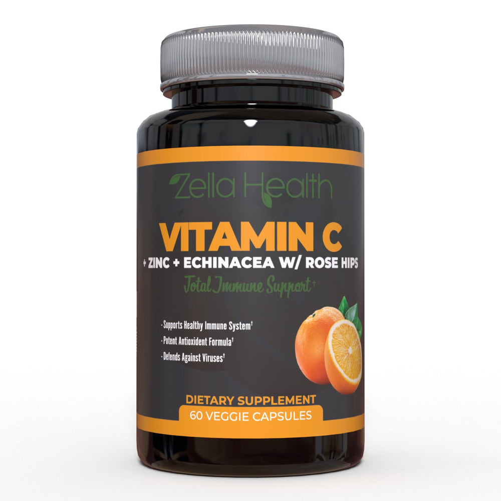 Vitamina C 1000 mg + Zinc + Equinácea + Escaramujo - Apoyo inmunológico total - Suplemento - 60 Cápsulas vegetales - Zella Health