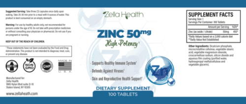 Zinc 50 Mg Oxidecitrate High Potency Vegan 100 Tablets Suppleme Zella Health 0557